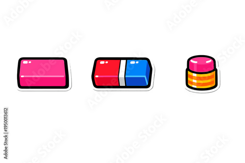 A collection of three colorful eraser icons in a cartoon sticker
