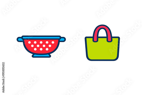 A vector illustration featuring a red kitchen colander with blue