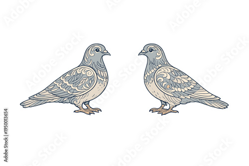 A pair of stylized pigeons facing each other, featuring intricate