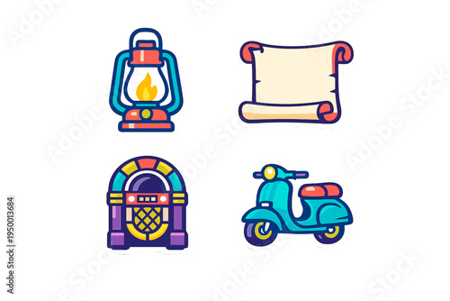 A collection of four colorful vector stickers featuring a vintage oil