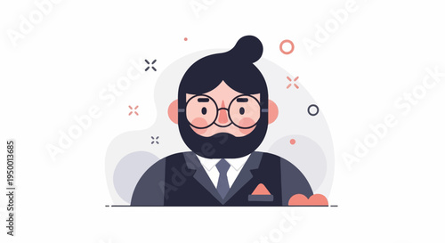 Flat design illustration of a bearded businessman in a suit, glasses, and man-bun