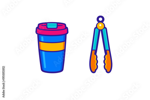 Vibrant flat vector icons featuring a blue travel coffee mug with a