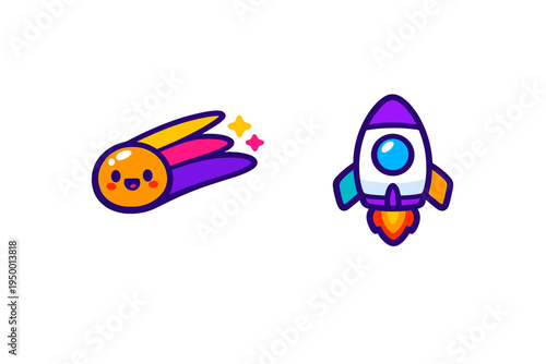 A set of two cute vector icons featuring a smiling shooting star with