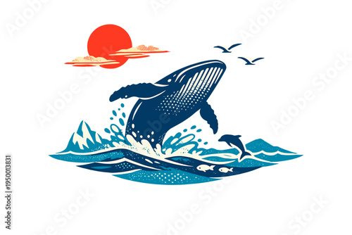 Stylized vector art of a whale breaching the ocean surface with a