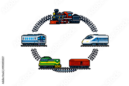Pixel art illustration featuring a variety of trains like a steam