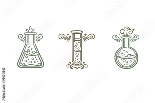 A set of three decorative laboratory glassware icons in a vintage