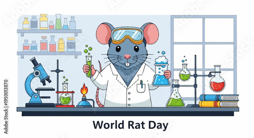 Cartoon lab mouse in white coat conducts experiment with various colorful laboratory equipment and beaker