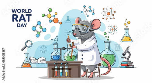 Cartoon rat in lab coat conducts science experiment with various laboratory equipment and chemicals on world rat day