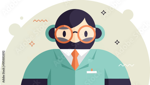 Flat design illustration of a bearded man wearing glasses, a lab coat, and tie