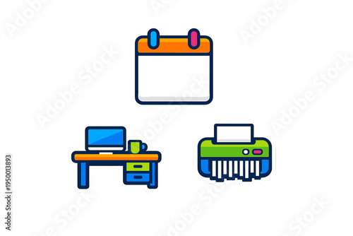 A collection of three colorful office-themed stickers featuring a