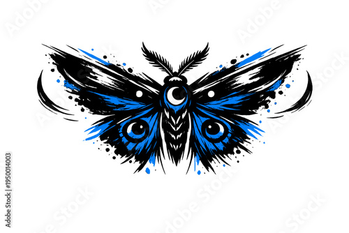 A stylized graphic illustration of a moth with black and blue wings