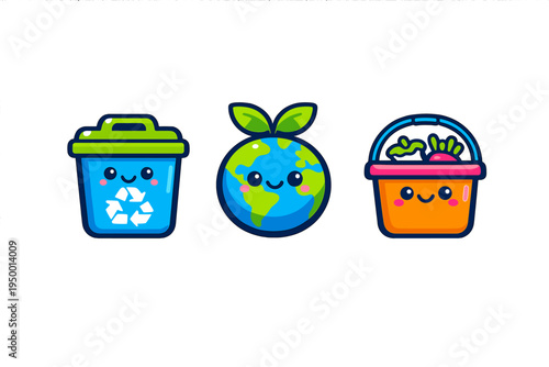 A set of three cute kawaii-style icons featuring a smiling blue