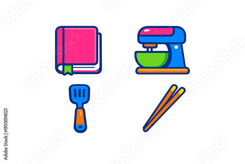A collection of four colorful kitchen icons featuring a cookbook with