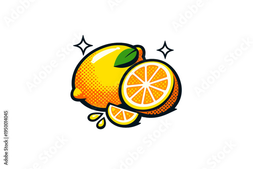 A vibrant vector illustration of a whole lemon with a leaf, a halved