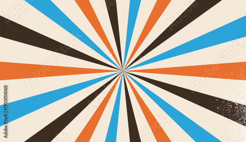 Vintage retro radial sunburst background with colorful blue, orange and brown rays. Distressed starburst pattern, 70s style pop art