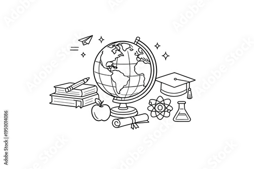 A black and white line art illustration featuring school and