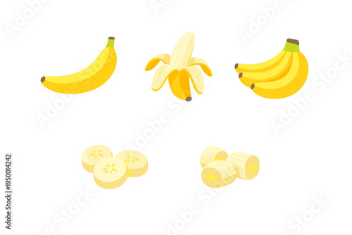 Vector collection of fresh yellow bananas including a whole fruit, a