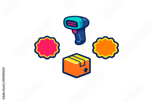 Vector illustration featuring a barcode scanner, a cardboard shipping