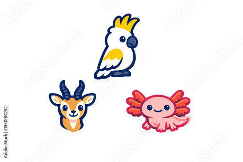 A set of three cute animal stickers featuring a white cockatoo with a