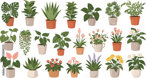 Cartoon Indoor Houseplants and Blooming Flowers Collection with Decorative Pots Tropical Foliage Succulents and Hanging Greenery for Botanical Vector Design