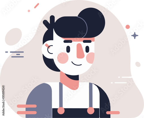 Flat design illustration of a cheerful individual with dark hair, rosy cheeks