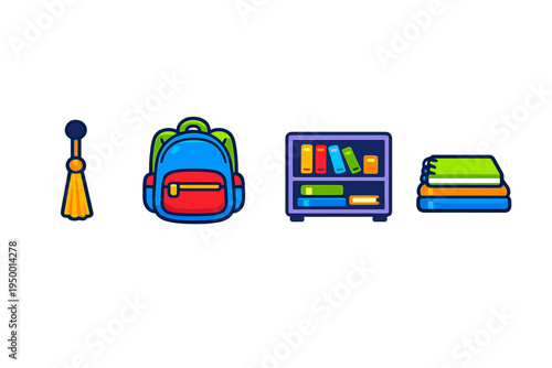 A collection of four school-themed vector icons including a