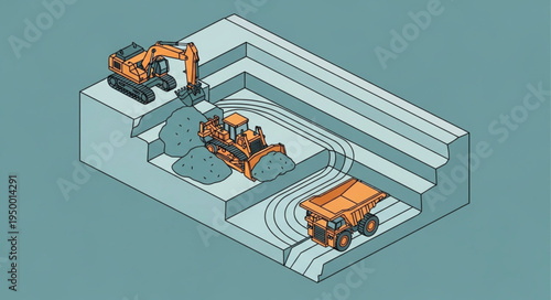 Construction equipment working in an open pit mine excavation.