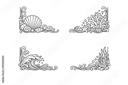 Set of four nautical corner borders in black and white line art