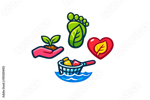 A set of four environmental icons featuring a hand planting a sprout