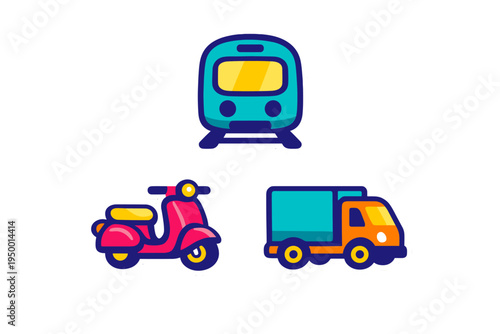 A collection of three colorful transportation icons featuring a teal