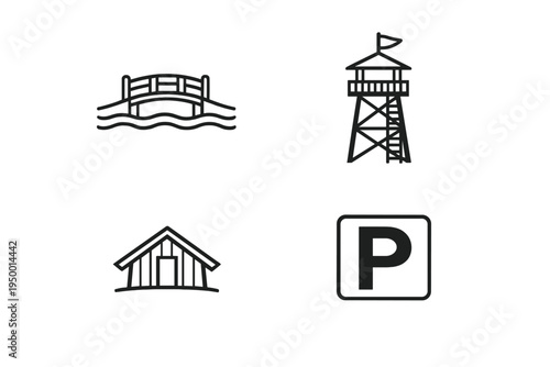 A set of four minimalist line icons representing outdoor and park