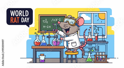 Cartoon rat in lab coat conducting science experiment on world rat day in a colorful laboratory setting