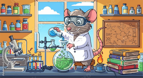 Curious lab mouse in goggles and white coat mixes green liquid in beaker at science lab workstation with books and equipment