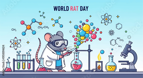 Lab rat in glasses conducts colorful chemistry experiment with beakers and microscope