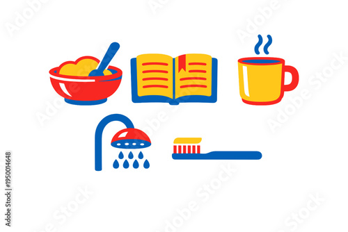 A collection of daily routine icons featuring a bowl of cereal, an