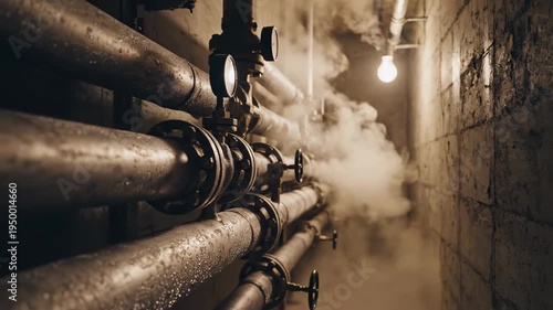 This video showcases Central Heating Pipes – Steam flow detail, basement scene, featuring industrial utility infrastructure, home heating system concept and mechanical engineering background for