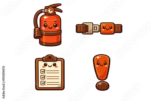Set of four kawaii safety icons including a fire extinguisher