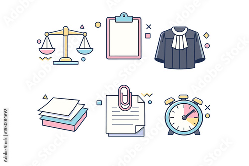 A collection of law and justice icons featuring scales, a judge's