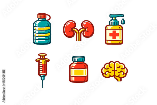 A collection of six medical and healthcare icons featuring a water