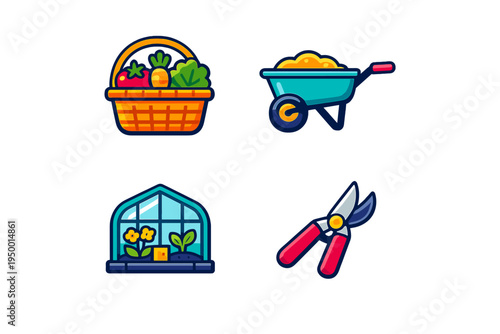 A collection of four vibrant gardening icons including a vegetable