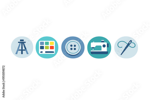 A set of five flat design vector icons representing arts, crafts, and