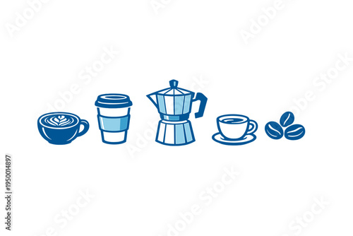 A set of blue coffee icons featuring a latte with foam art, a