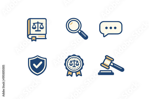 A set of six legal and justice icons featuring a law book, magnifying