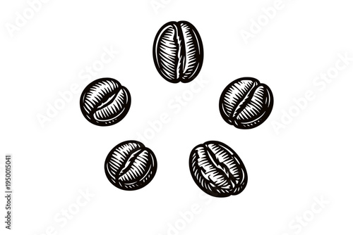A set of five coffee beans arranged in a circular pattern, featuring