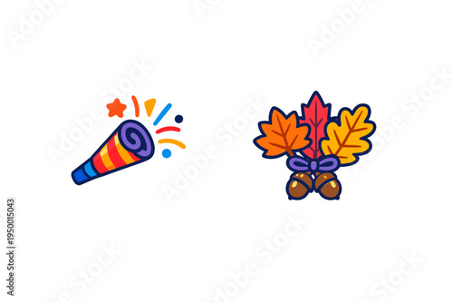 A set of two colorful vector icons featuring a festive party popper
