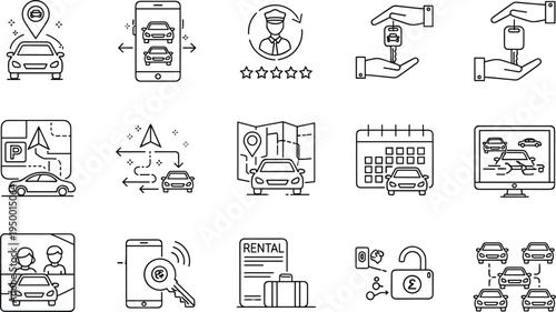 Car sharing and rental service line icon set with navigation smartphone driver vehicle transport vector illustration