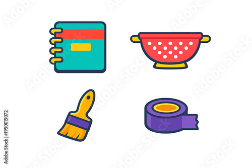 A set of four colorful flat icons featuring a spiral notebook, a red