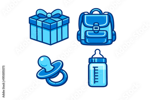 A collection of four blue vector icons featuring a gift box with a