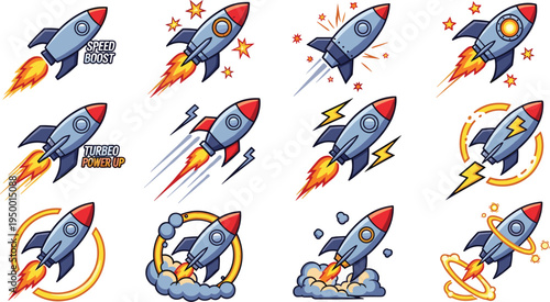 Cartoon rocket launch sticker collection with flames lightning stars space ship startup boost vector illustration set