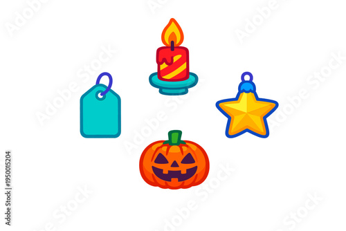 A set of four colorful vector icons featuring a lit holiday candle, a